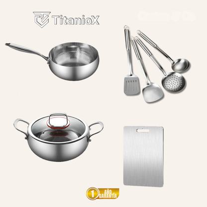 Pack Elección de Chef: 2 sartenes + juego de utensilios + tabla de cortar